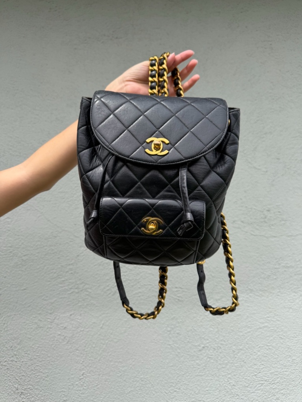 CHANEL Black Quilted Lambskin Backpack with Gold CC Hardware
